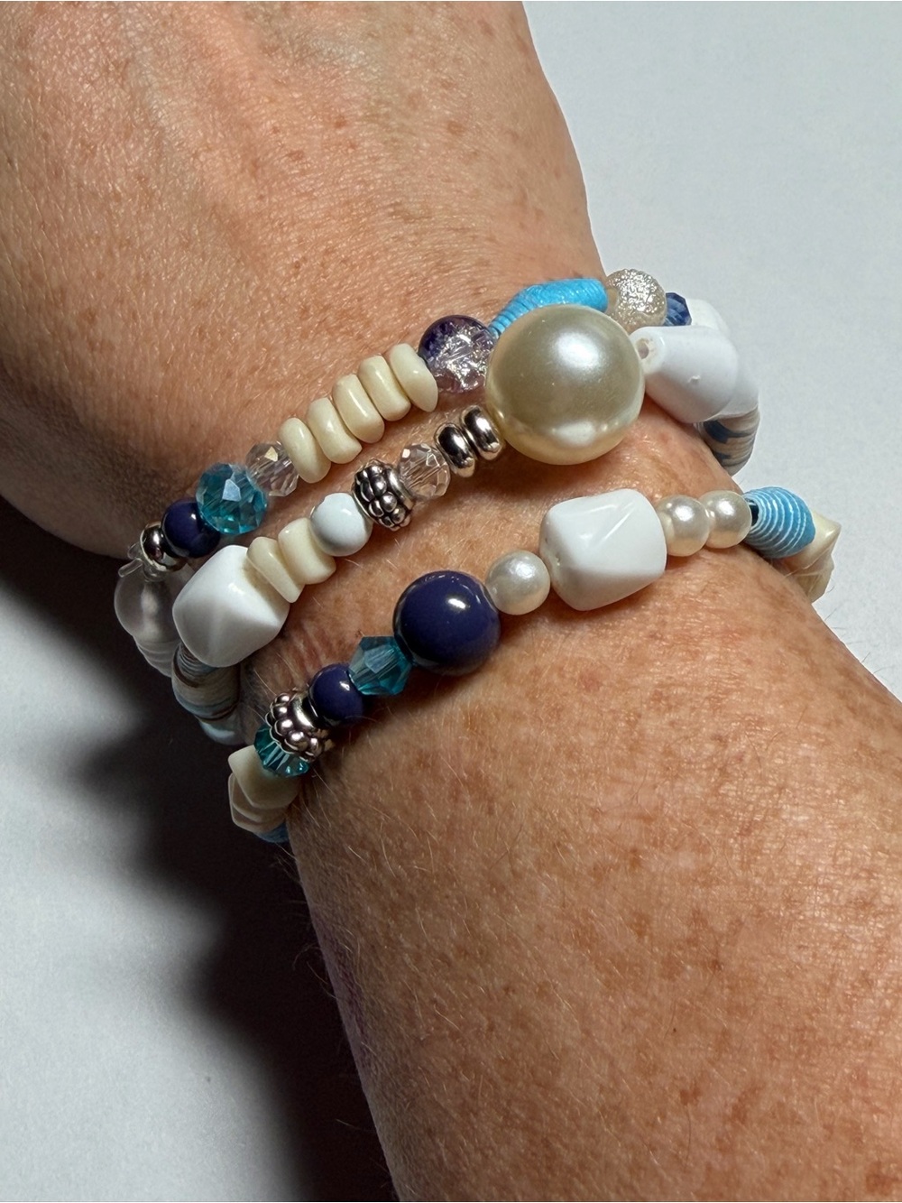 Blue and White Multi-Strand Beaded Bracelet Set